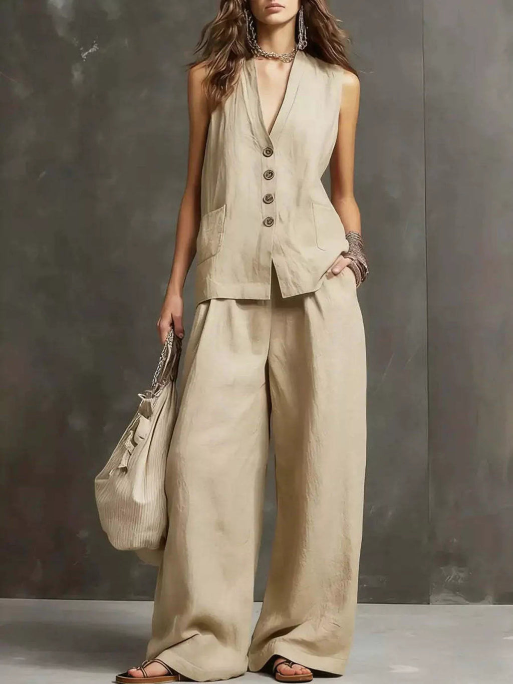 Conjunto de Chaleco sin Mangas y Pantalones de Pierna Ancha