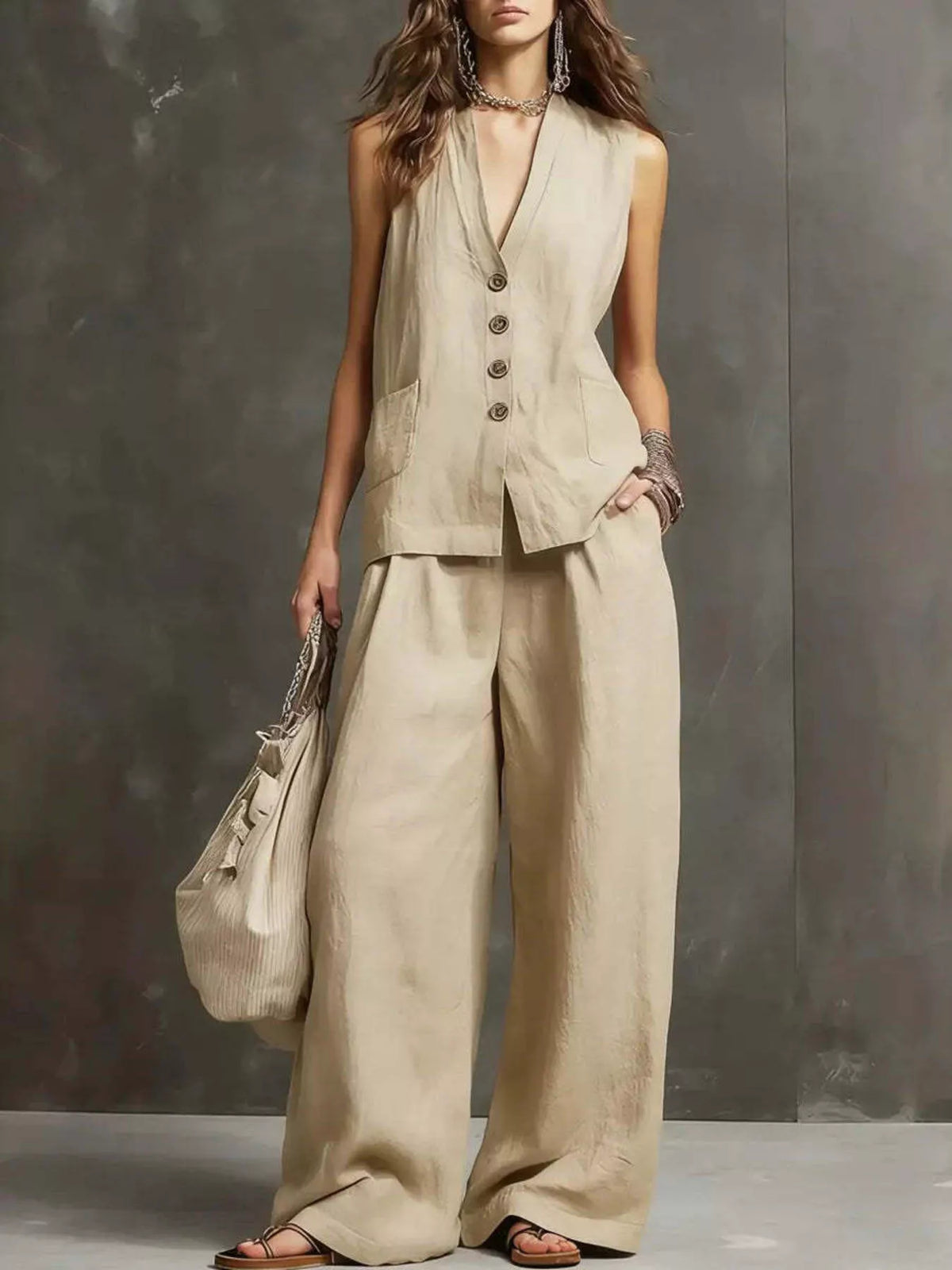 Conjunto de Chaleco sin Mangas y Pantalones de Pierna Ancha