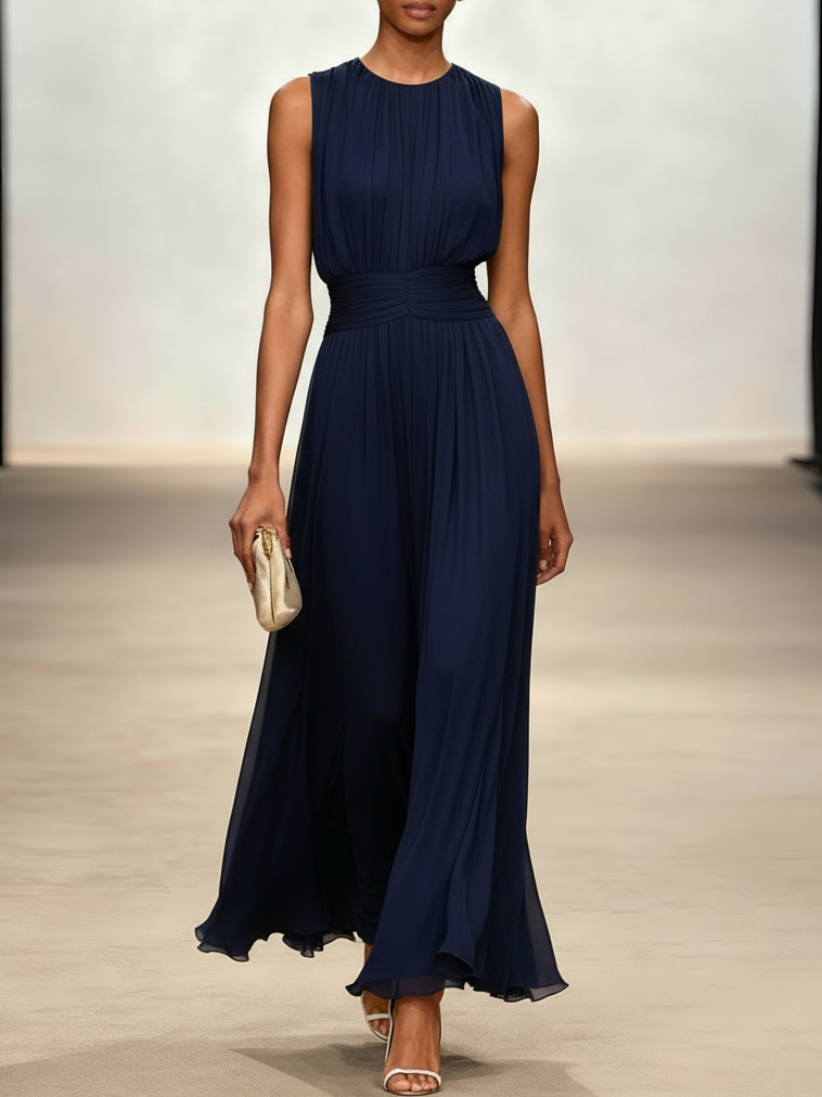 Vestido largo fruncido sin mangas