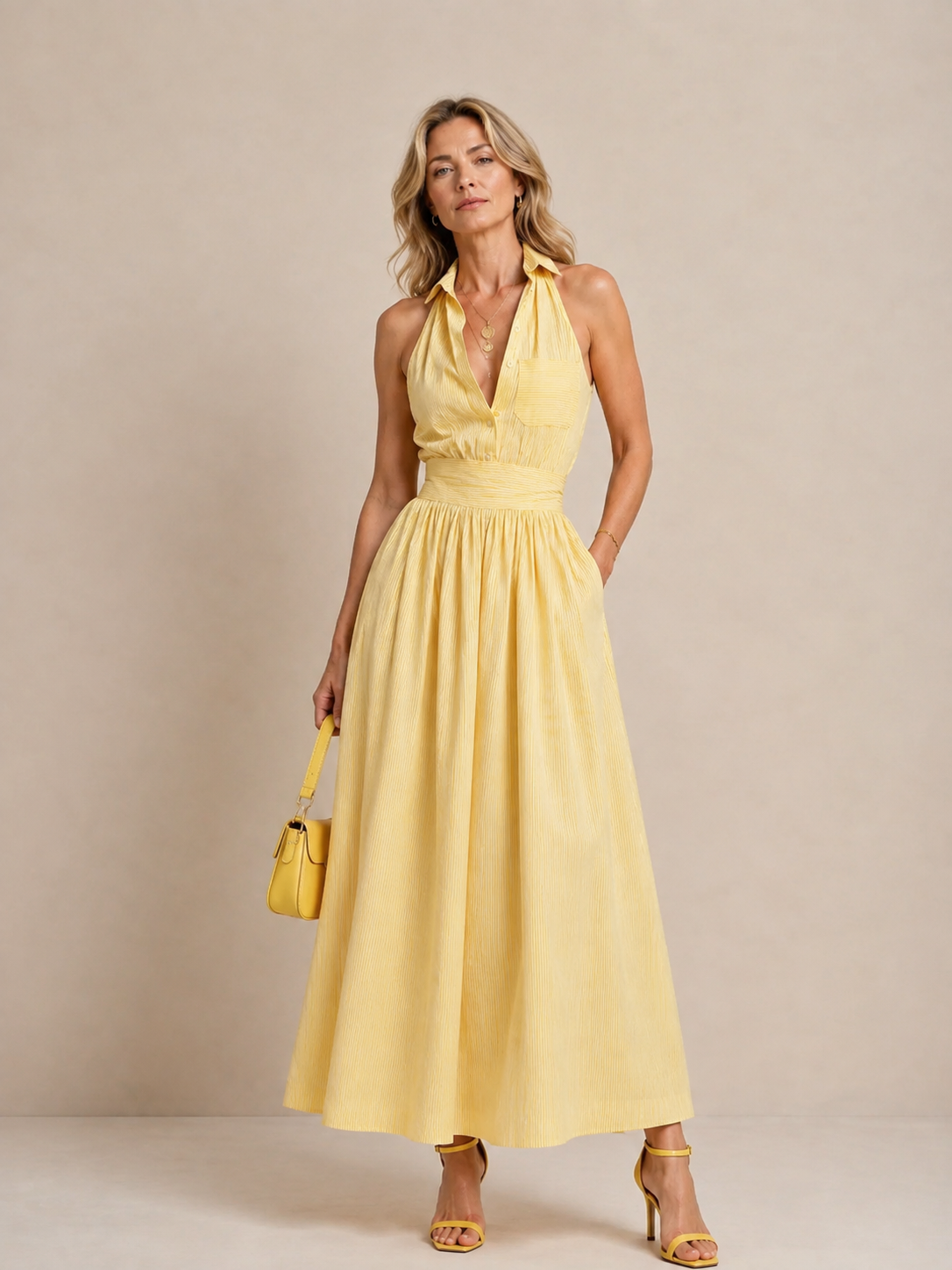 Vestido midi a rayas con bolsillos