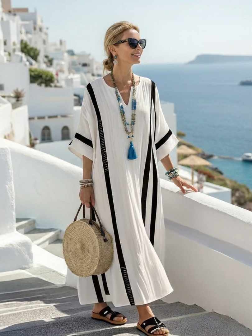 Elvienne | Vestido largo a rayas con bloques de color y mangas cortas