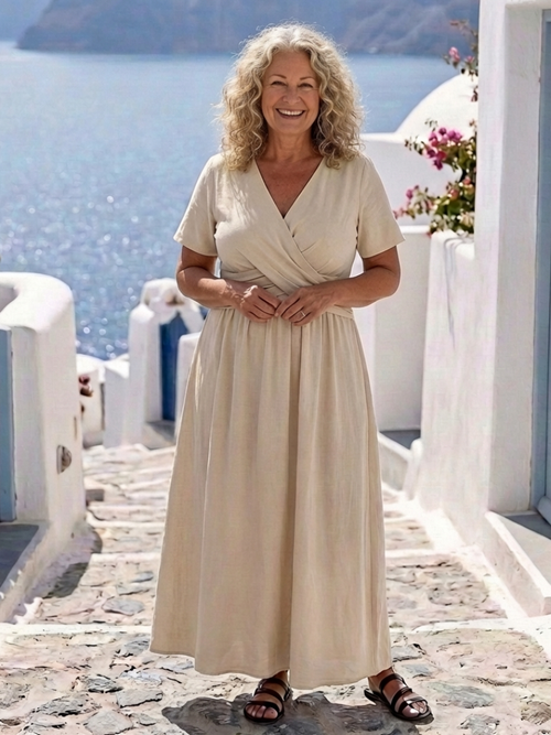 Alvara | Vestido midi de manga corta con escote en V y cintura envolvente
