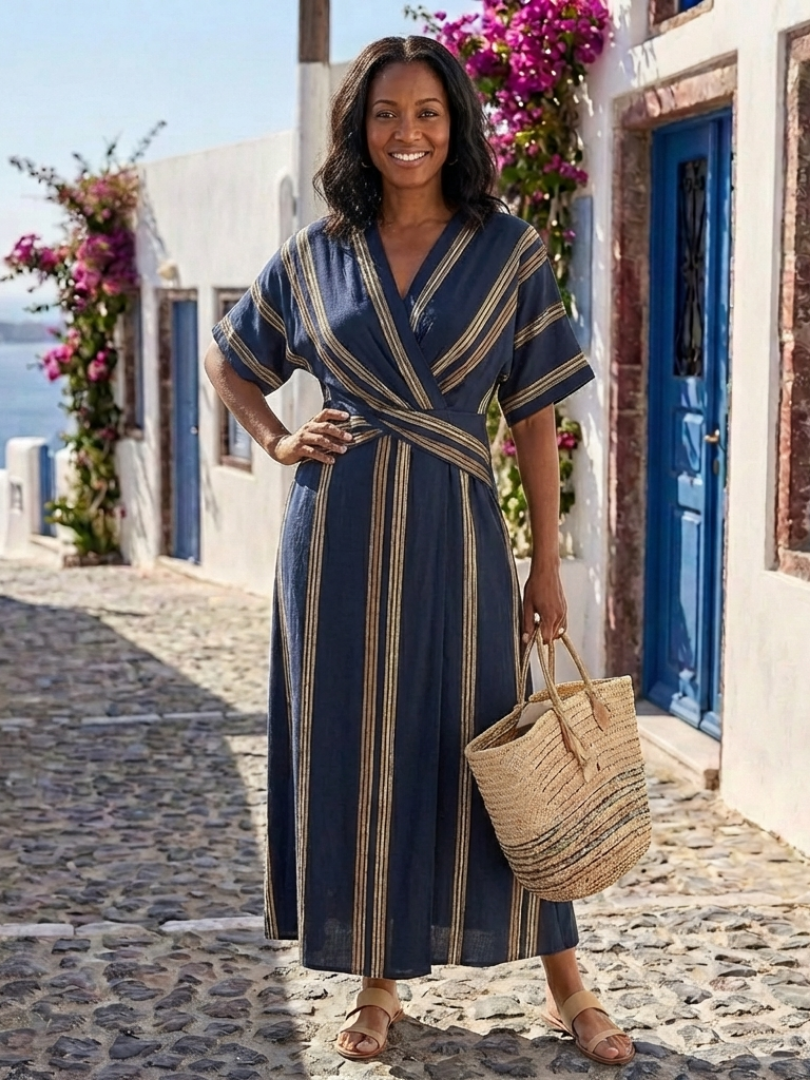 Saphira | Vestido midi cruzado a rayas, de manga corta y cuello en V