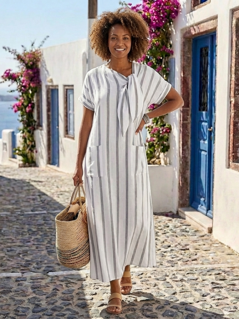 Elaris | Vestido midi a rayas de manga corta con lazo en el cuello y bolsillos