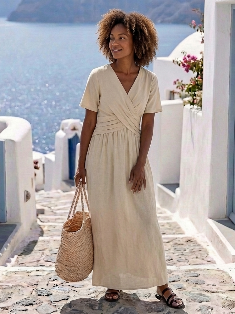 Alvara | Vestido midi de manga corta con escote en V y cintura envolvente
