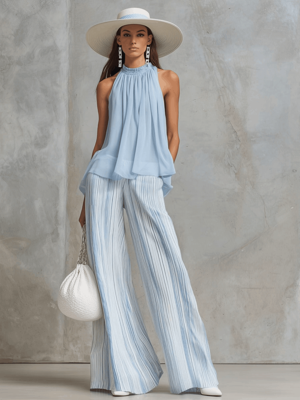 Conjunto de Pantalones de Gasa Azul Costero