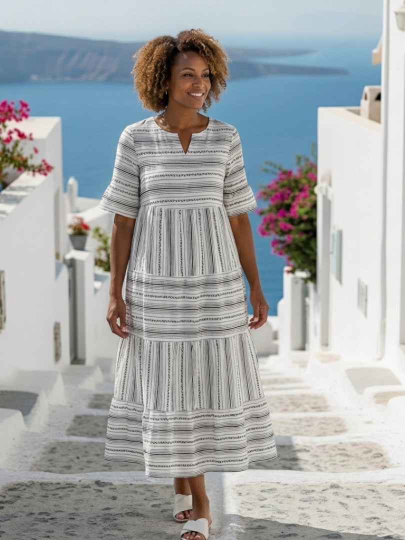 Parisa | Vestido midi a rayas de manga corta con volantes escalonados
