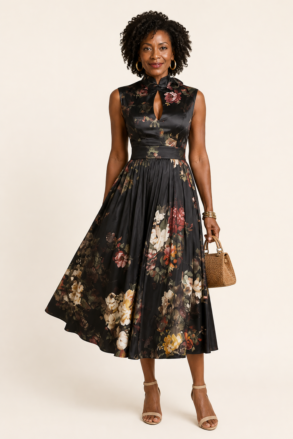 Vestido midi floral negro con escote de ojo de cerradura