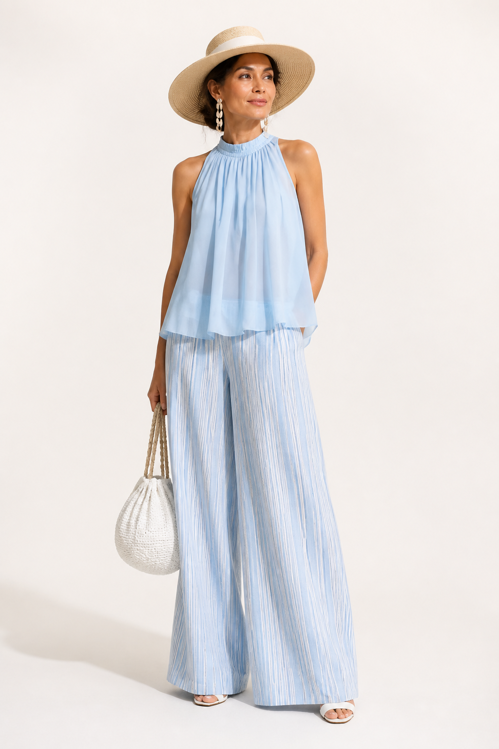 Conjunto de Pantalones de Gasa Azul Costero