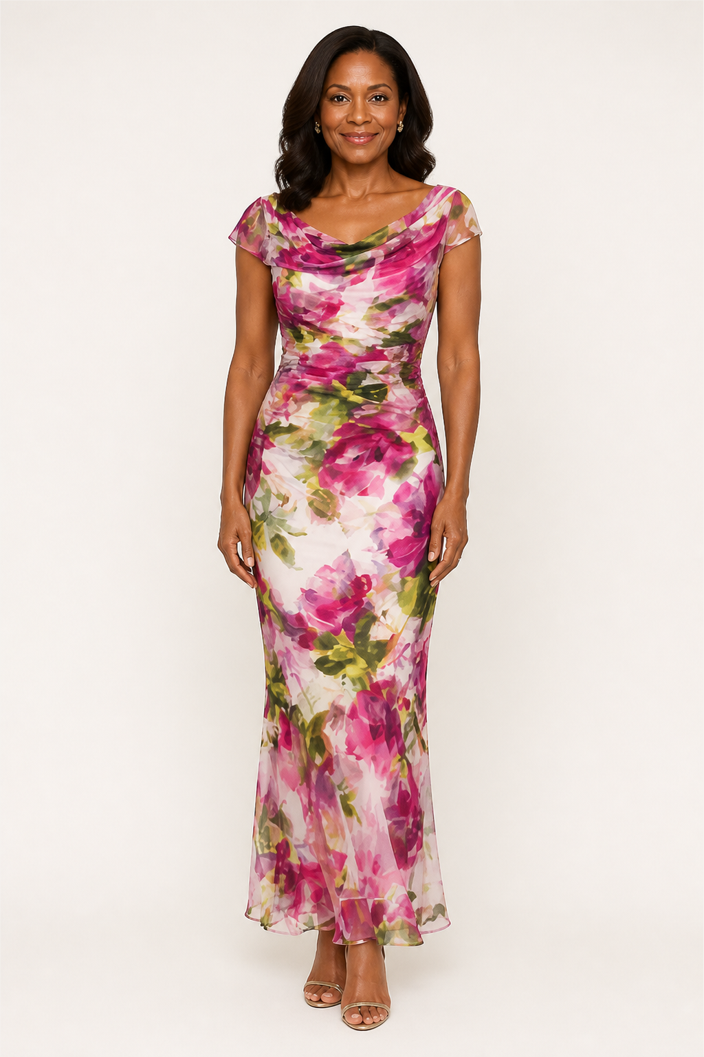 Vestido largo floral con hombros descubiertos