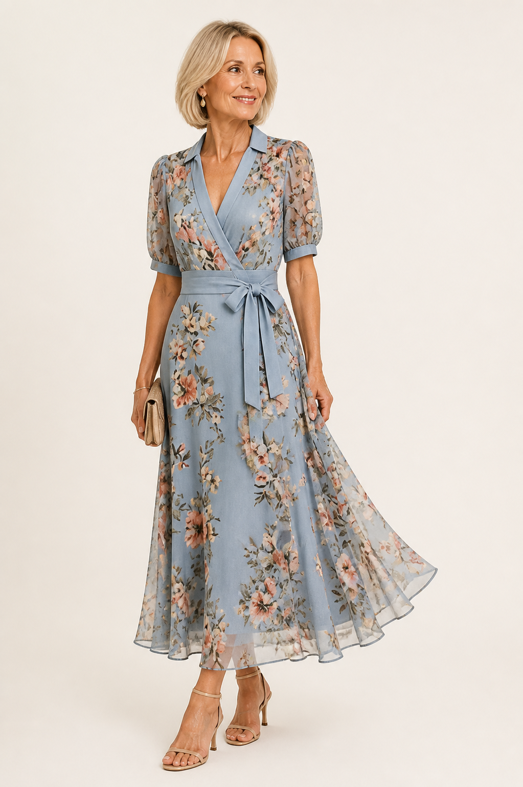 Vestido midi floral con lazo en la cintura