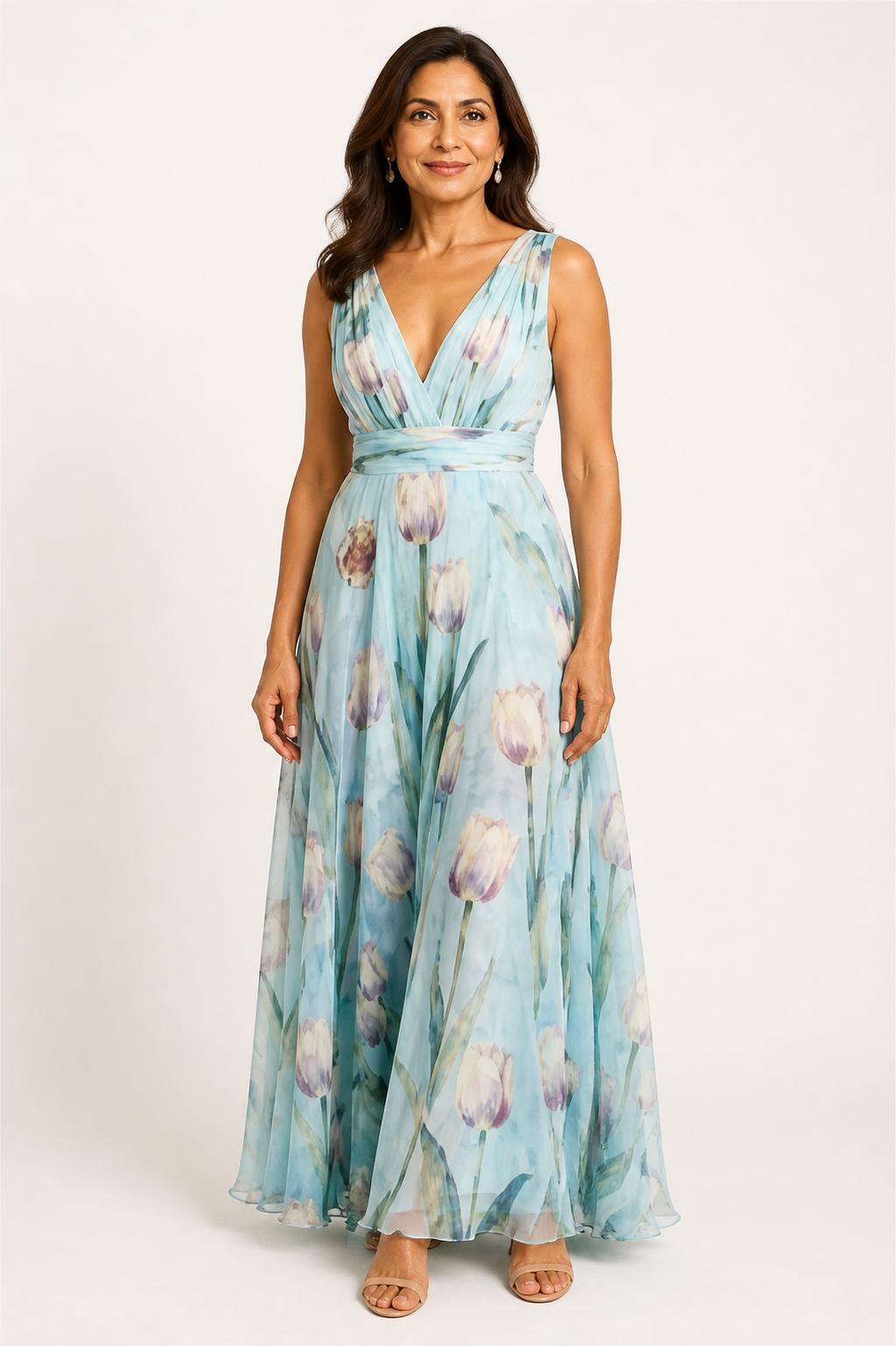 Vestido largo floral con escote en V