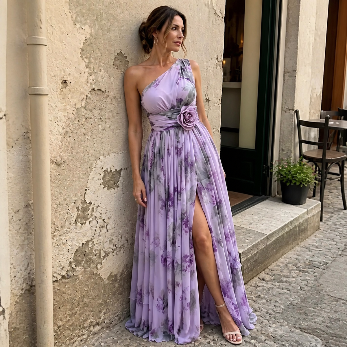 Vestido maxi con rosetas florales