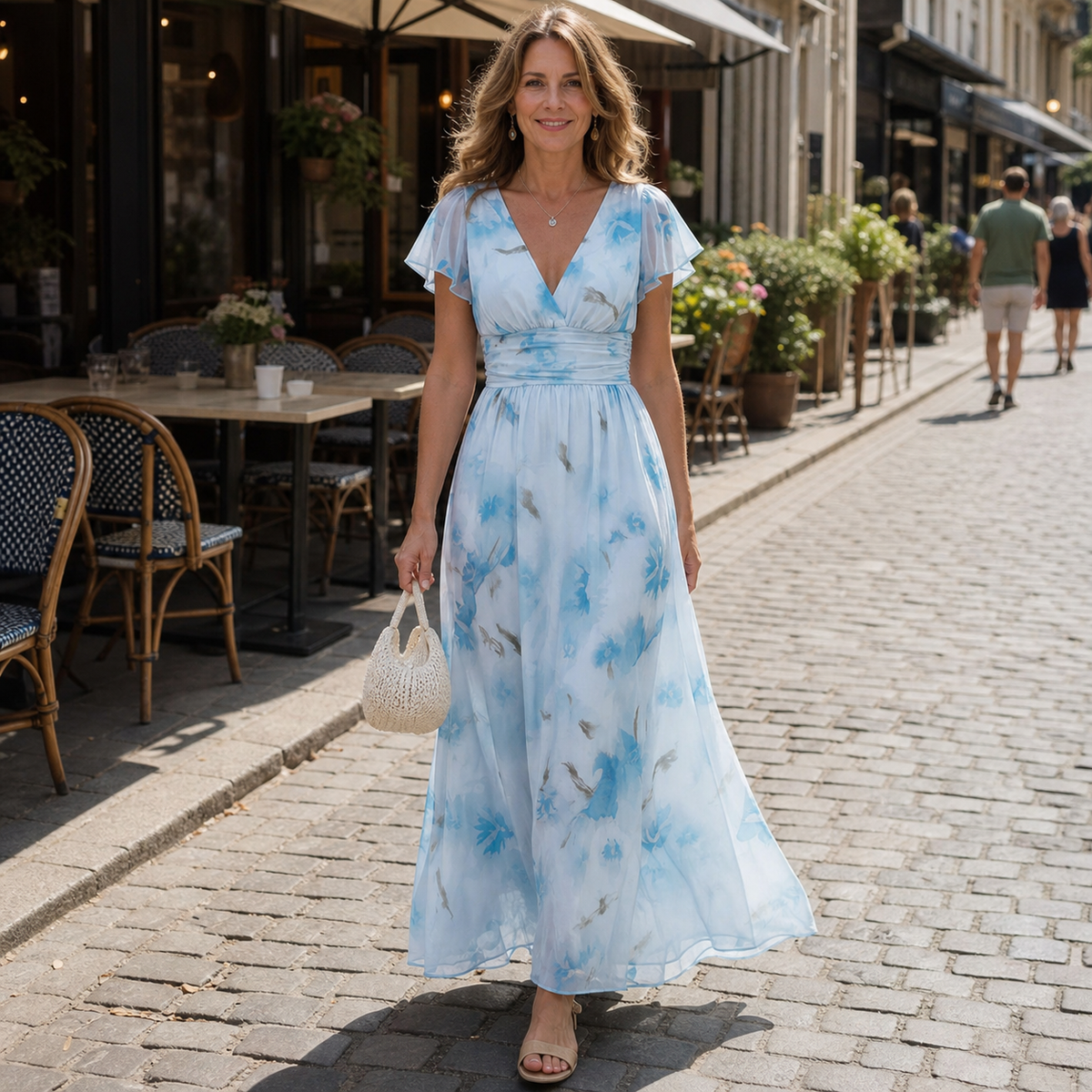 Vestido largo con mangas de volantes