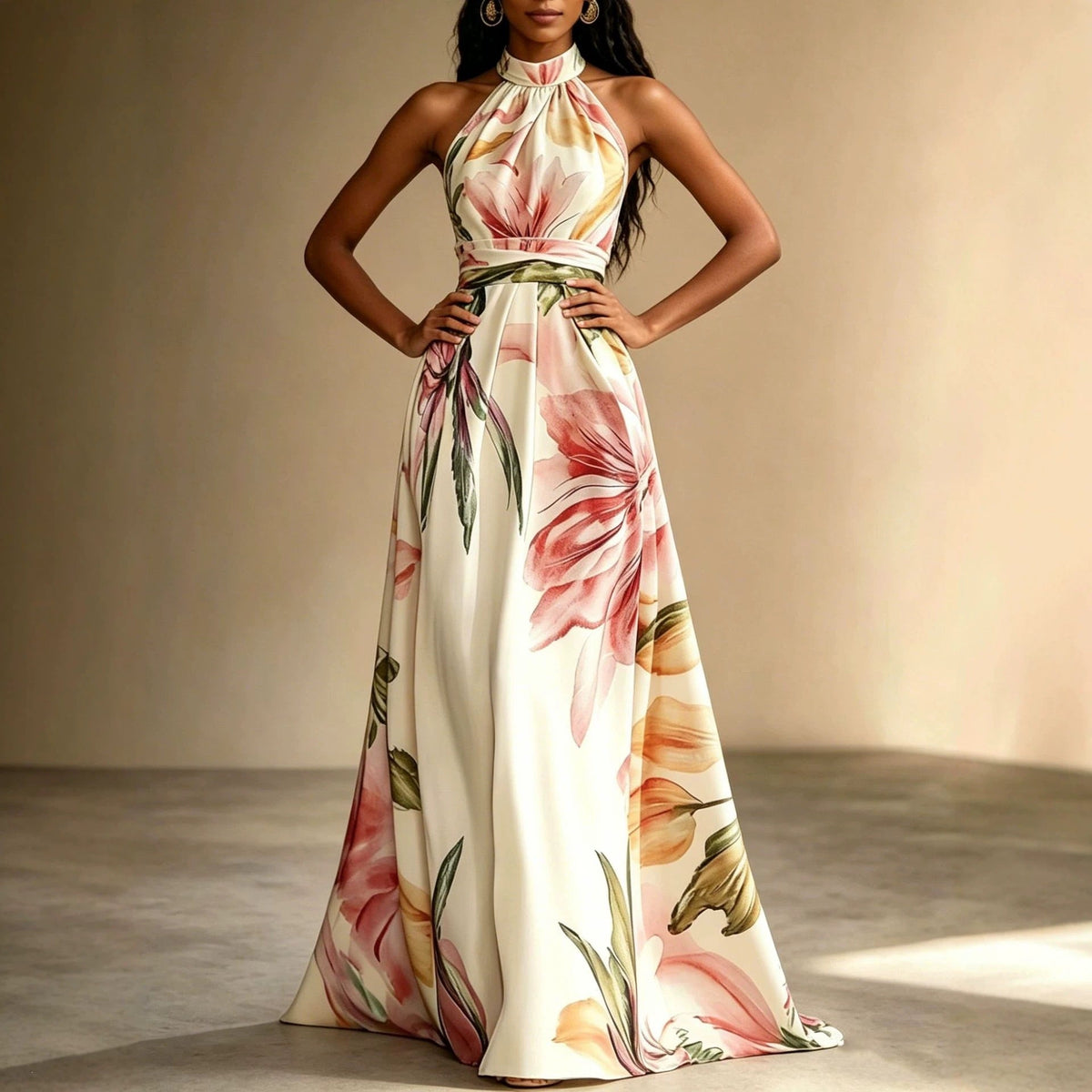Vestido largo floral tropical