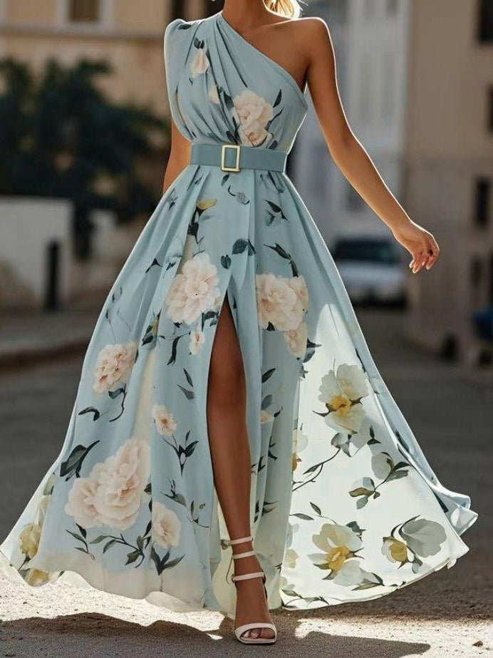Vestido largo de un solo hombro con corte en línea A