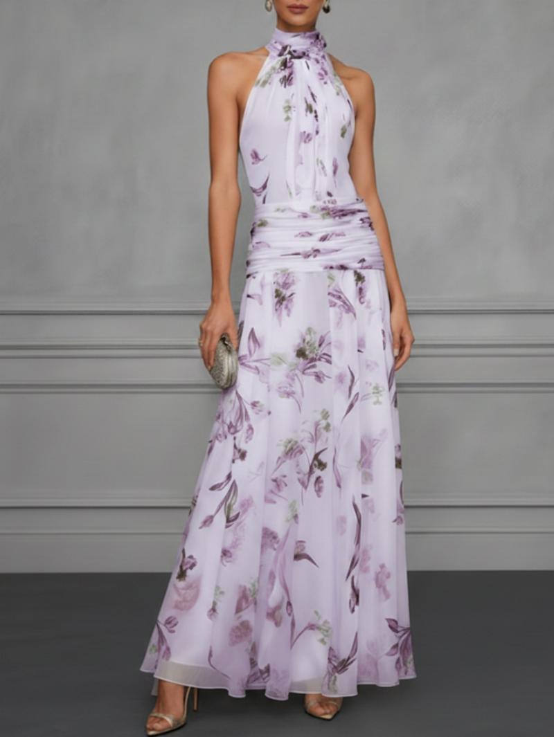 Vestido largo floral con cintura fruncida