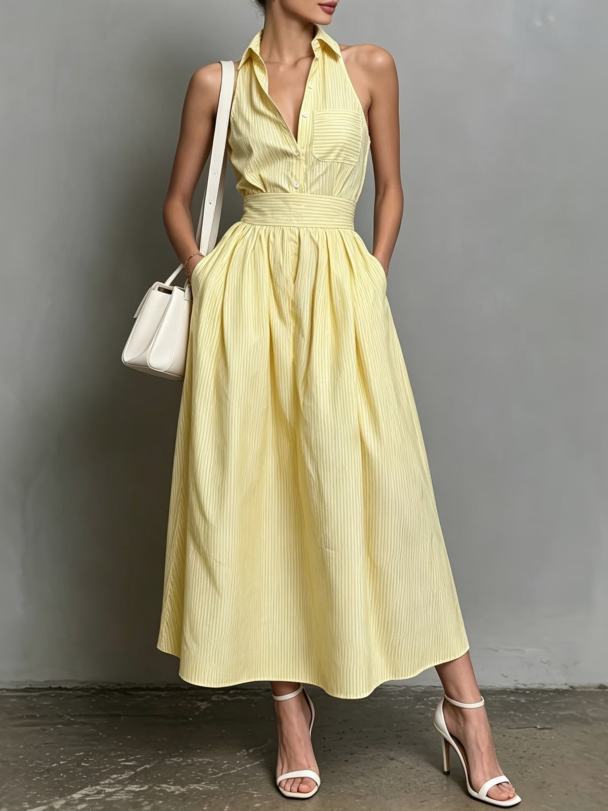 Vestido midi a rayas con bolsillos