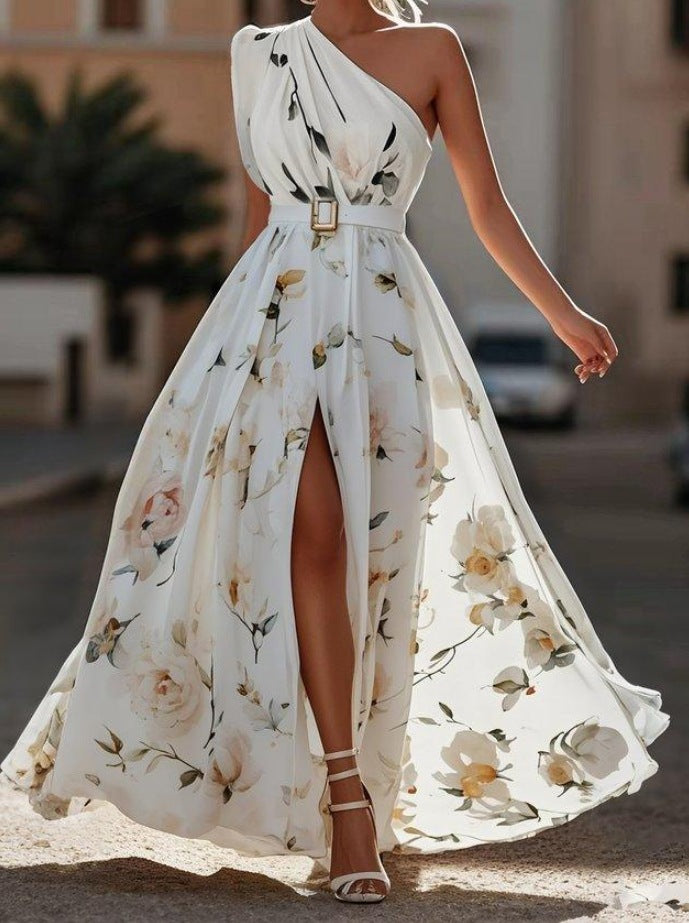 Vestido largo de un solo hombro con corte en línea A