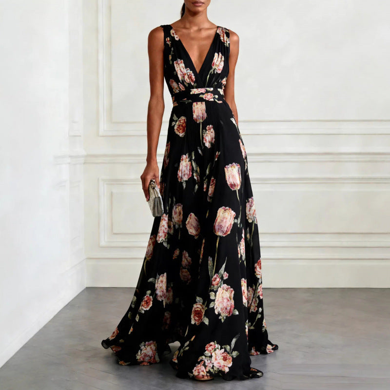 Vestido largo floral con escote en V