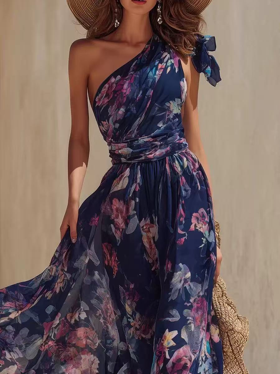 Vestido largo azul marino de un solo hombro