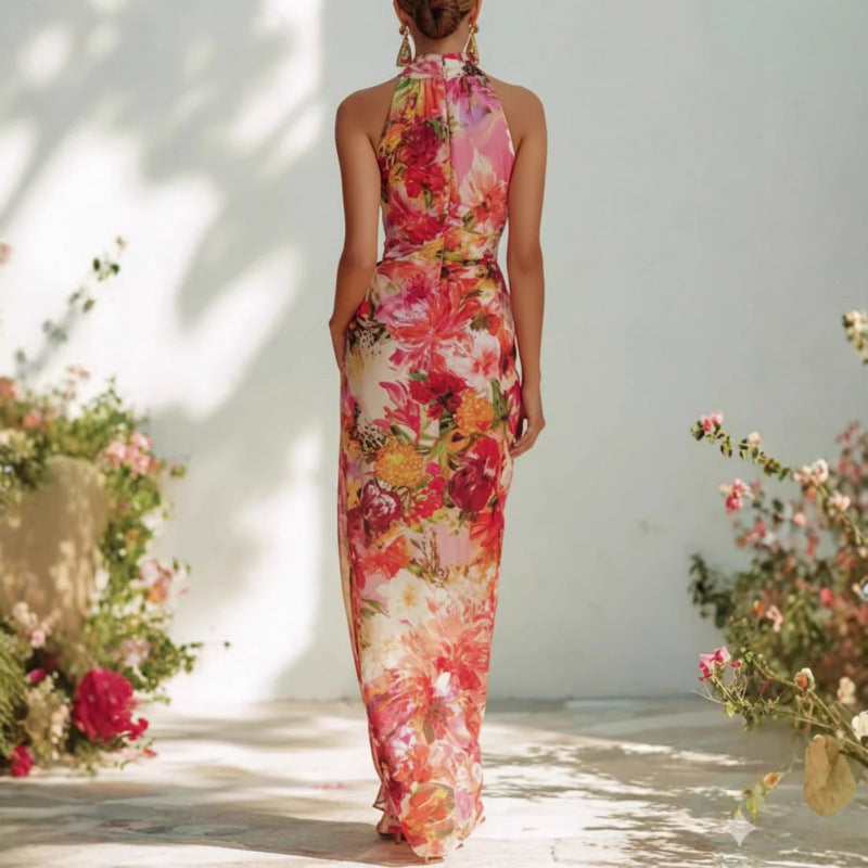 Vestido largo floral de cuello alto