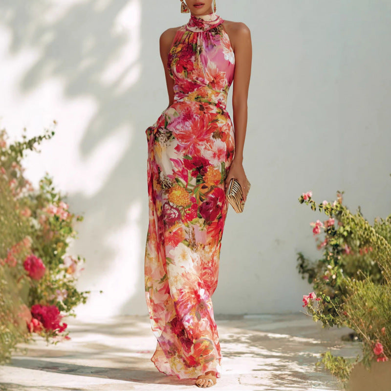Vestido largo floral de cuello alto