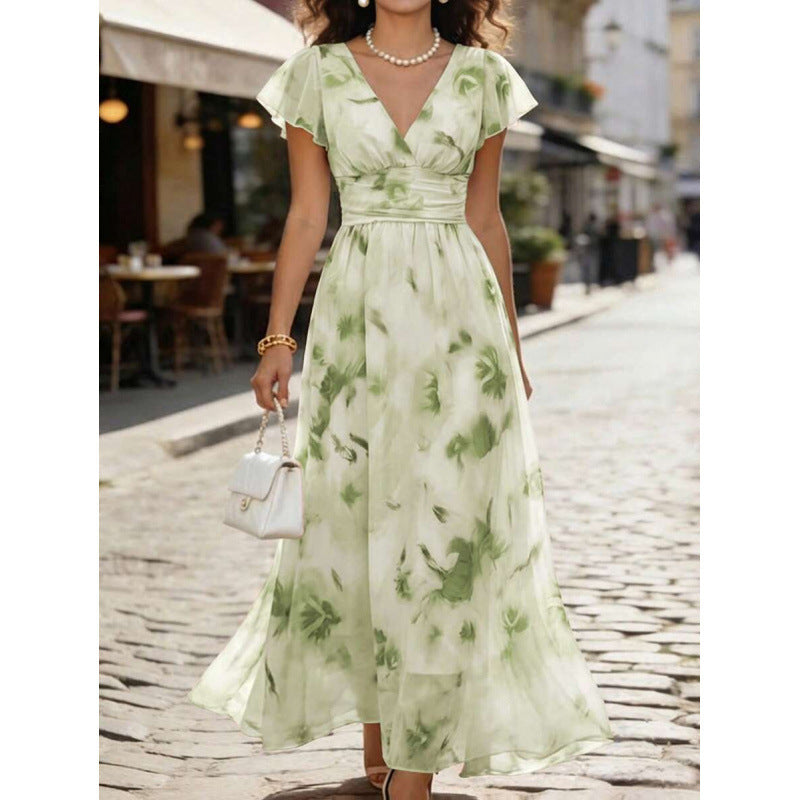 Vestido largo con mangas de volantes