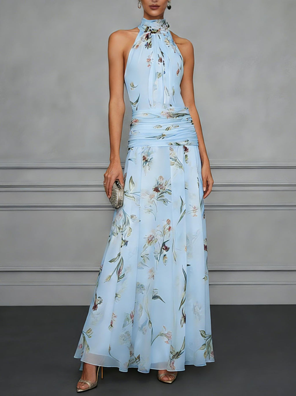 Vestido largo floral con cintura fruncida