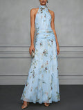 Vestido largo floral con cintura fruncida