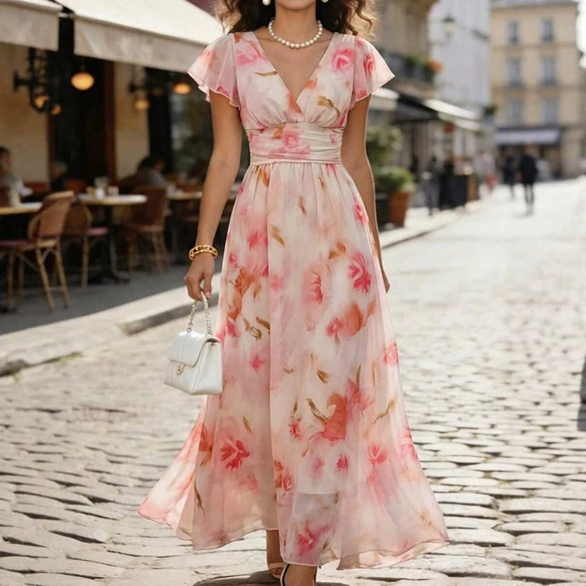 Vestido largo con mangas de volantes