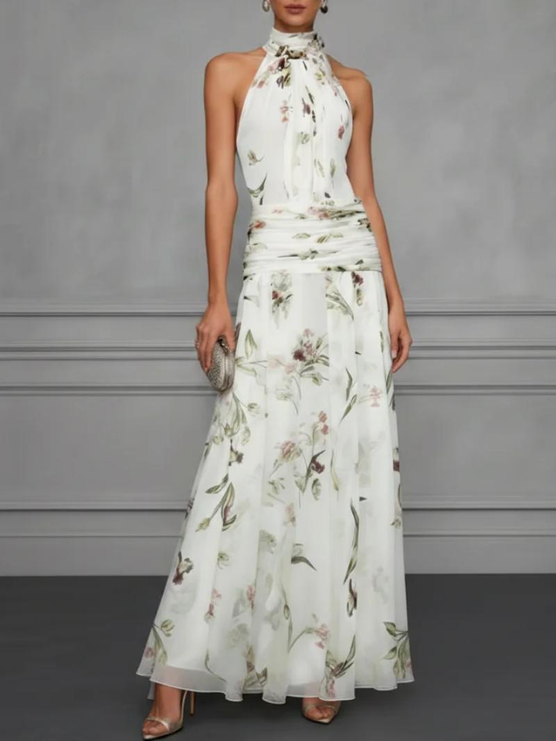 Vestido largo floral con cintura fruncida
