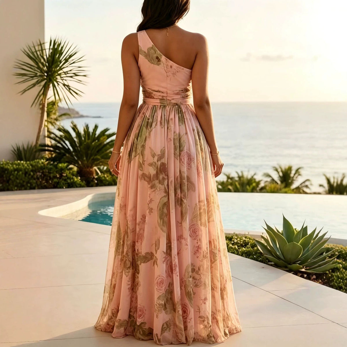 Vestido maxi con rosetas florales