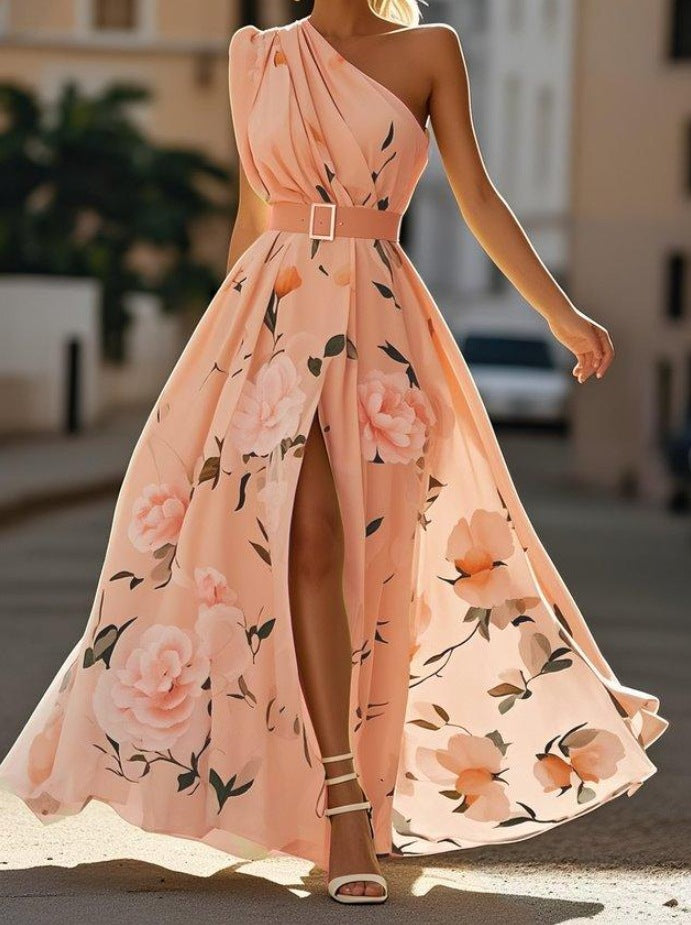 Vestido largo de un solo hombro con corte en línea A