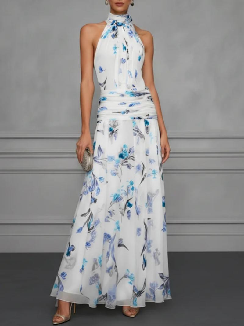 Vestido largo floral con cintura fruncida