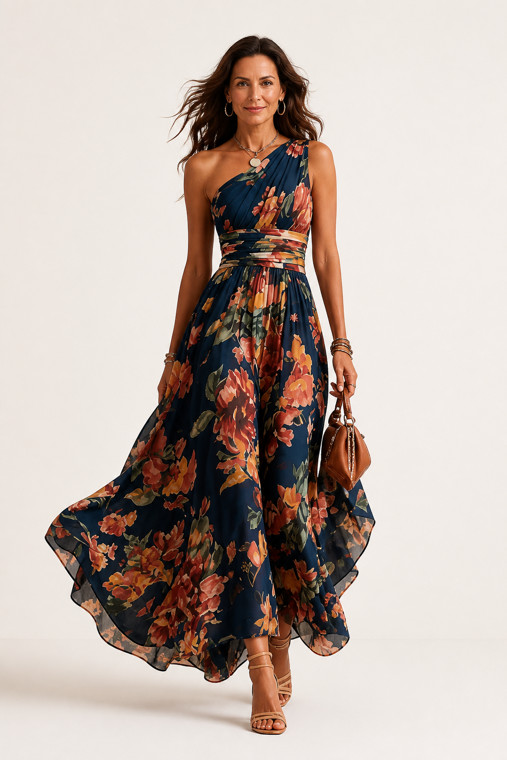 Vestido largo floral de un solo hombro