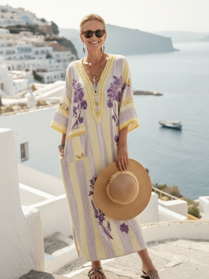Aurelia | Vestido maxi floral a rayas con escote en V y mangas medias