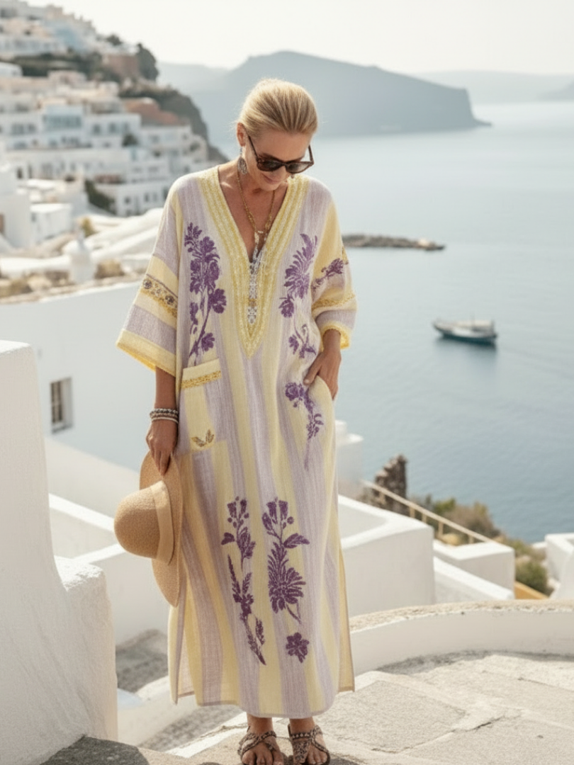 Aurelia | Vestido maxi floral a rayas con escote en V y mangas medias