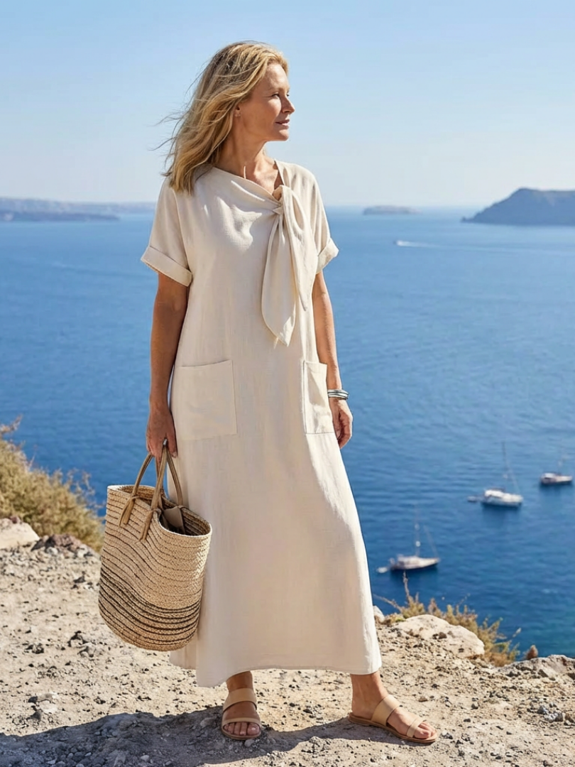 Elowyn | Vestido largo con bolsillos, manga corta y cuello redondo