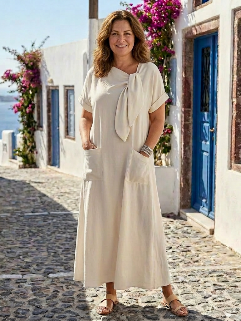 Elowyn | Vestido largo con bolsillos, manga corta y cuello redondo