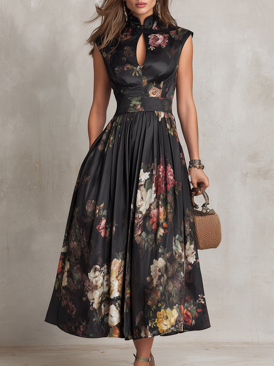 Vestido midi floral negro con escote de ojo de cerradura