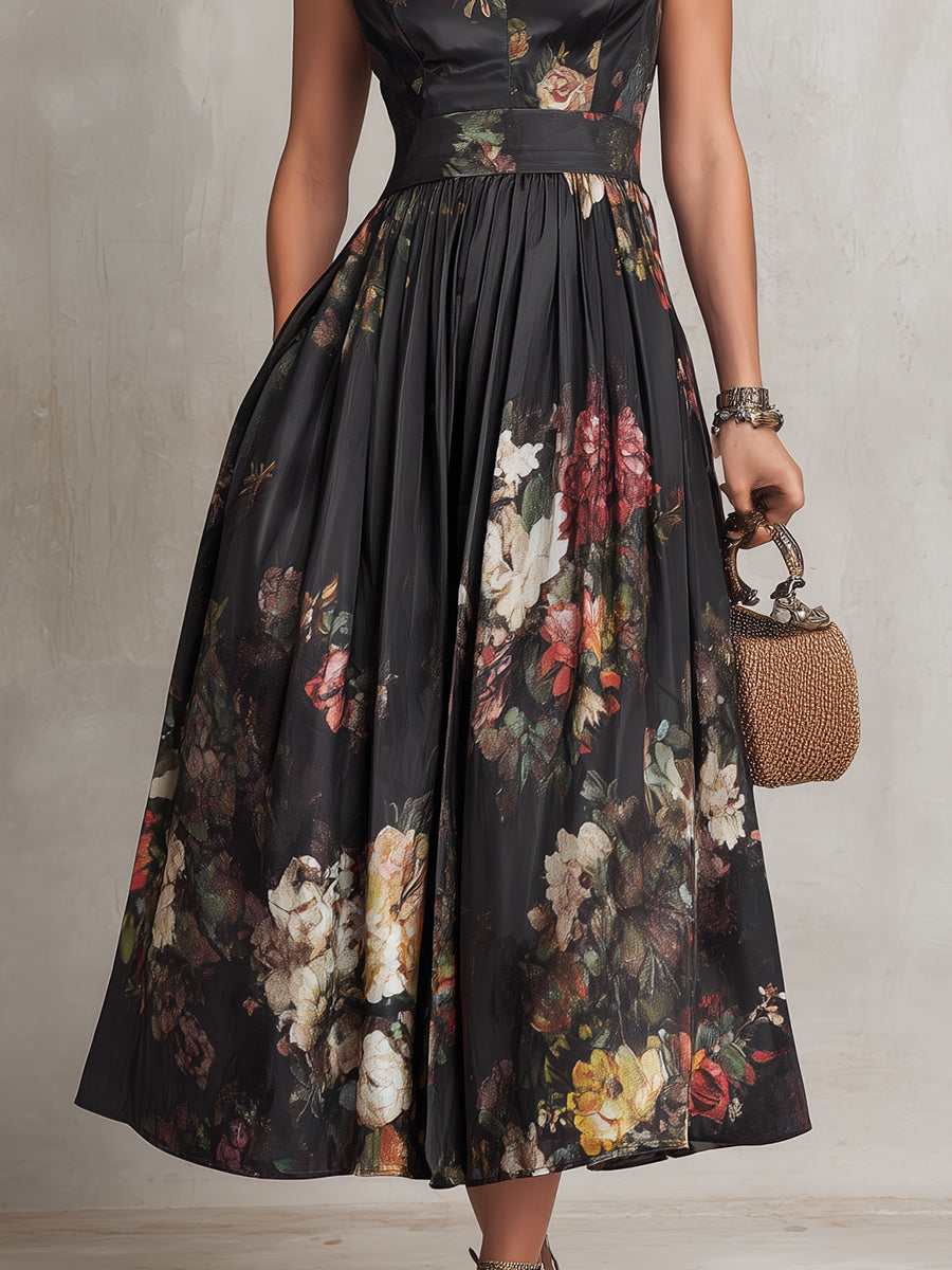 Vestido midi floral negro con escote de ojo de cerradura