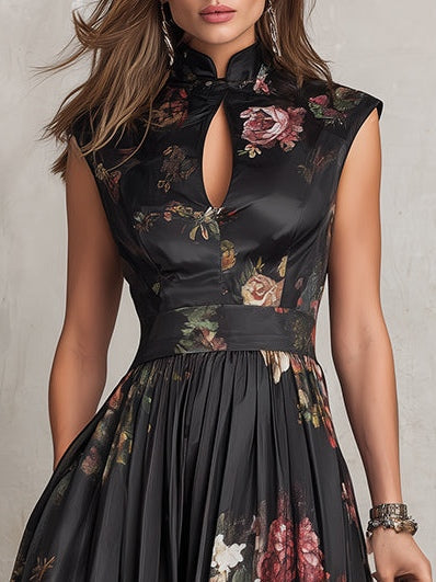 Vestido midi floral negro con escote de ojo de cerradura