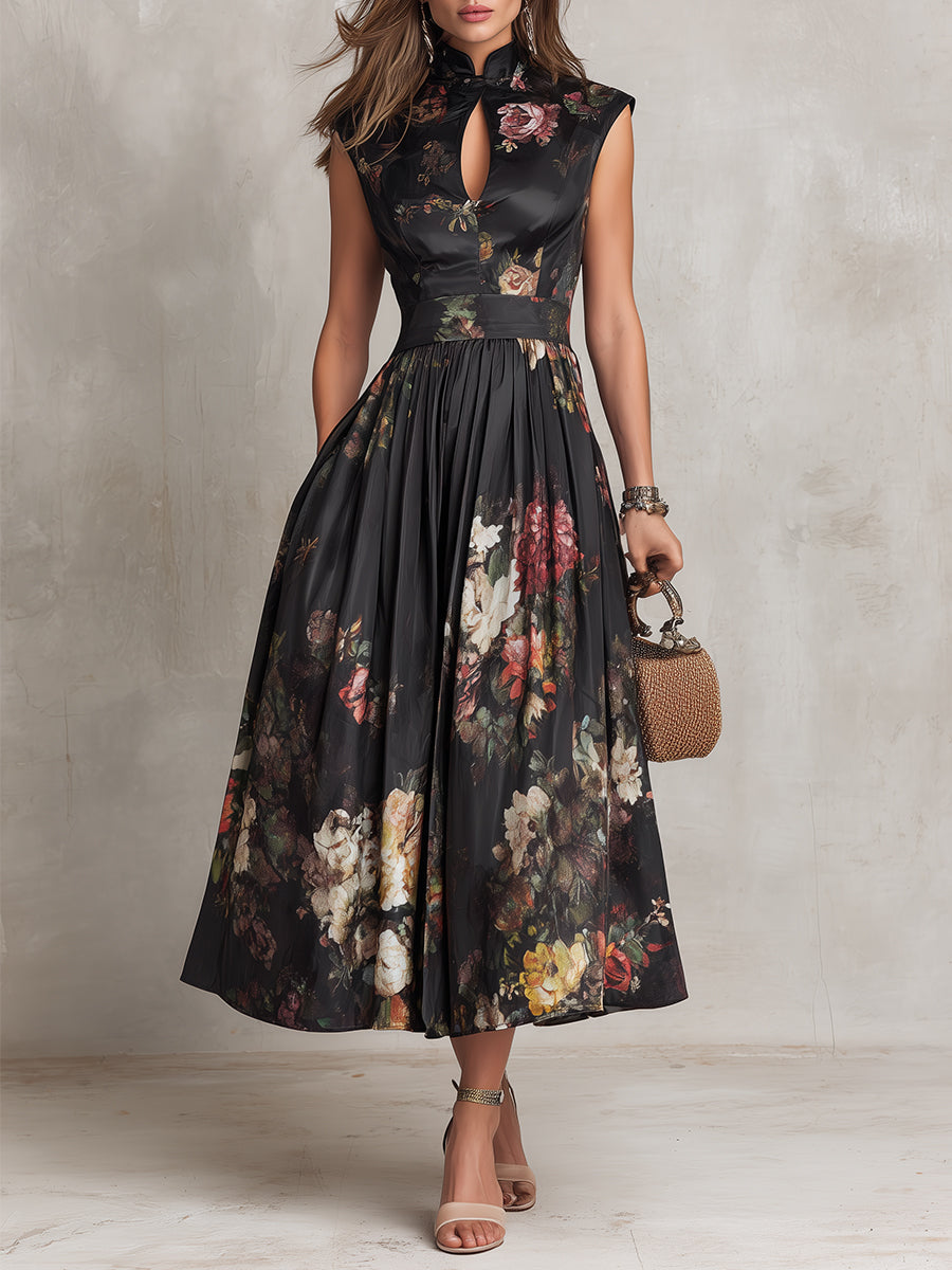 Vestido midi floral negro con escote de ojo de cerradura