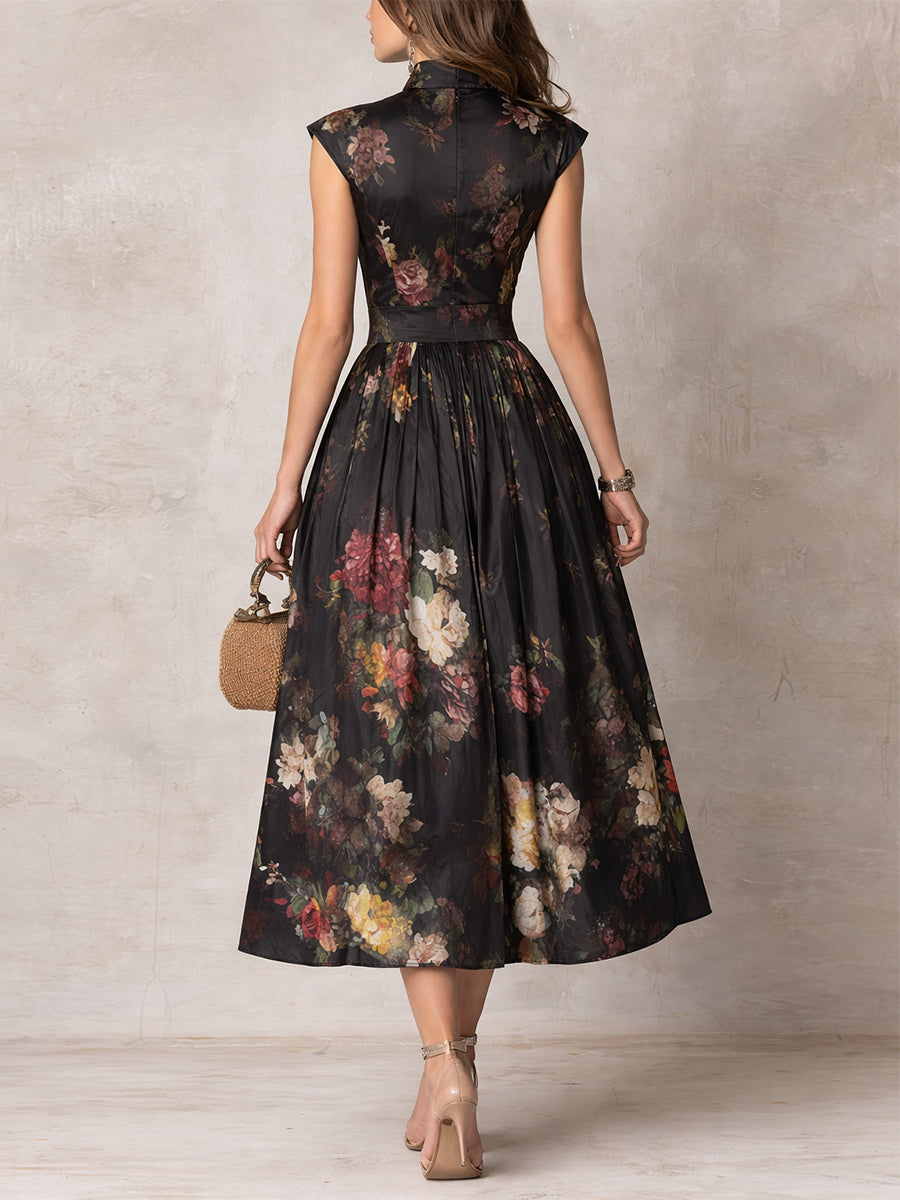 Vestido midi floral negro con escote de ojo de cerradura