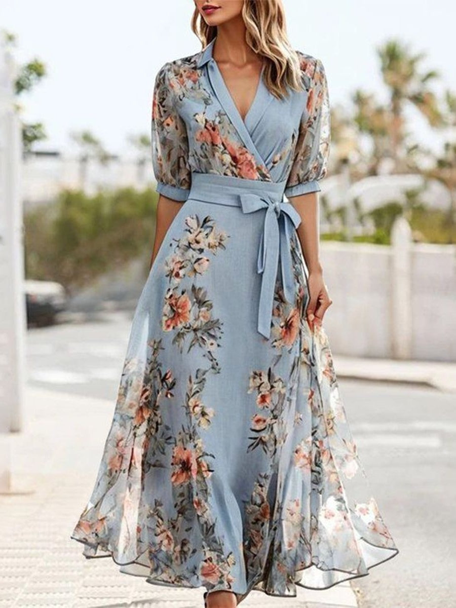 Vestido midi floral con lazo en la cintura