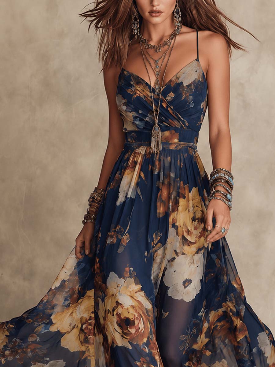 Vestido largo floral azul marino
