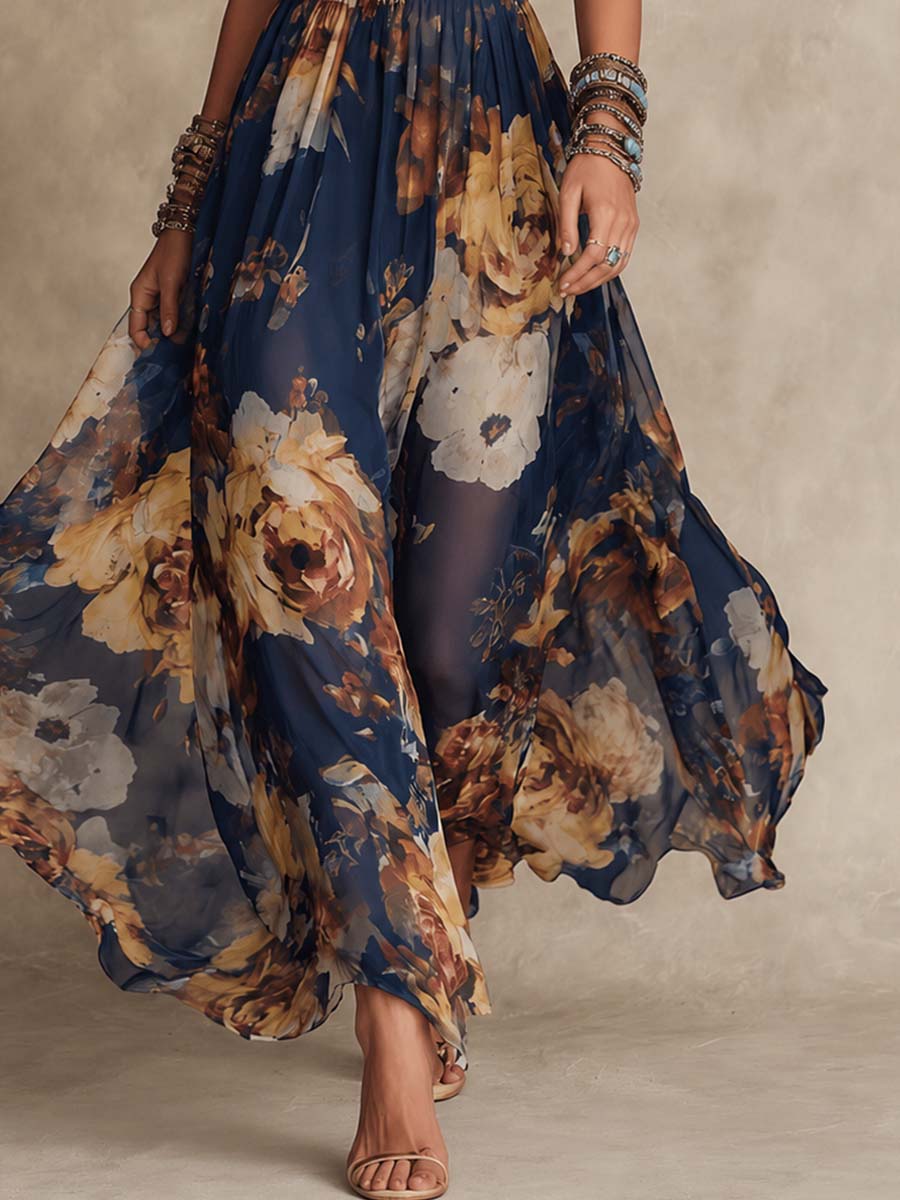 Vestido largo floral azul marino