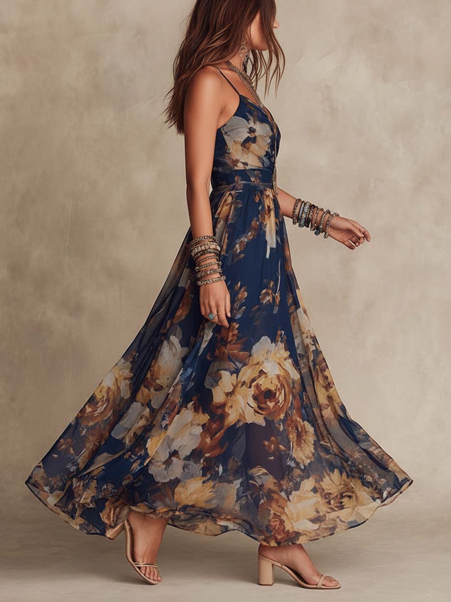 Vestido largo floral azul marino