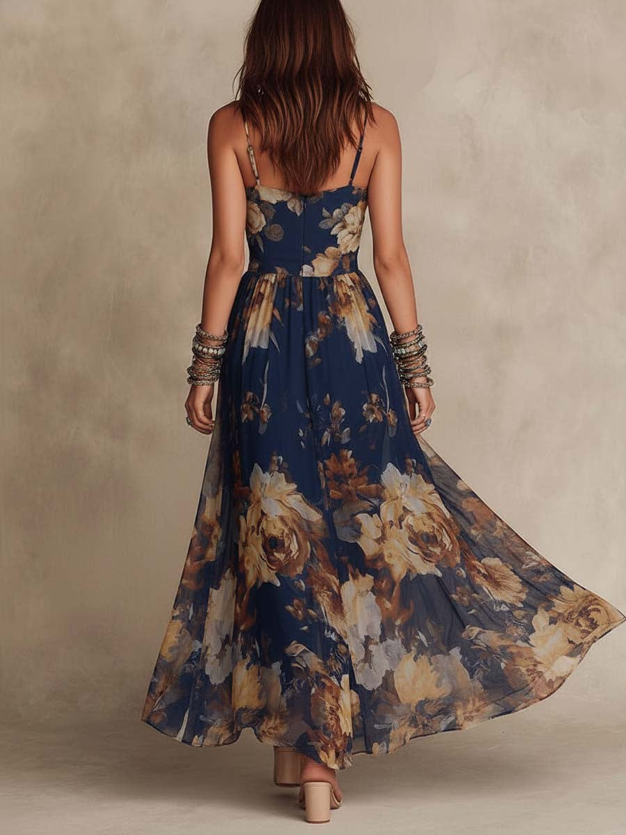 Vestido largo floral azul marino